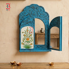 KB ART Wooden Antique Window Jharokha Mirror - Side Angle Showing Finish and Craftsmanship - Handcrafted Wooden Decor Jodhpur