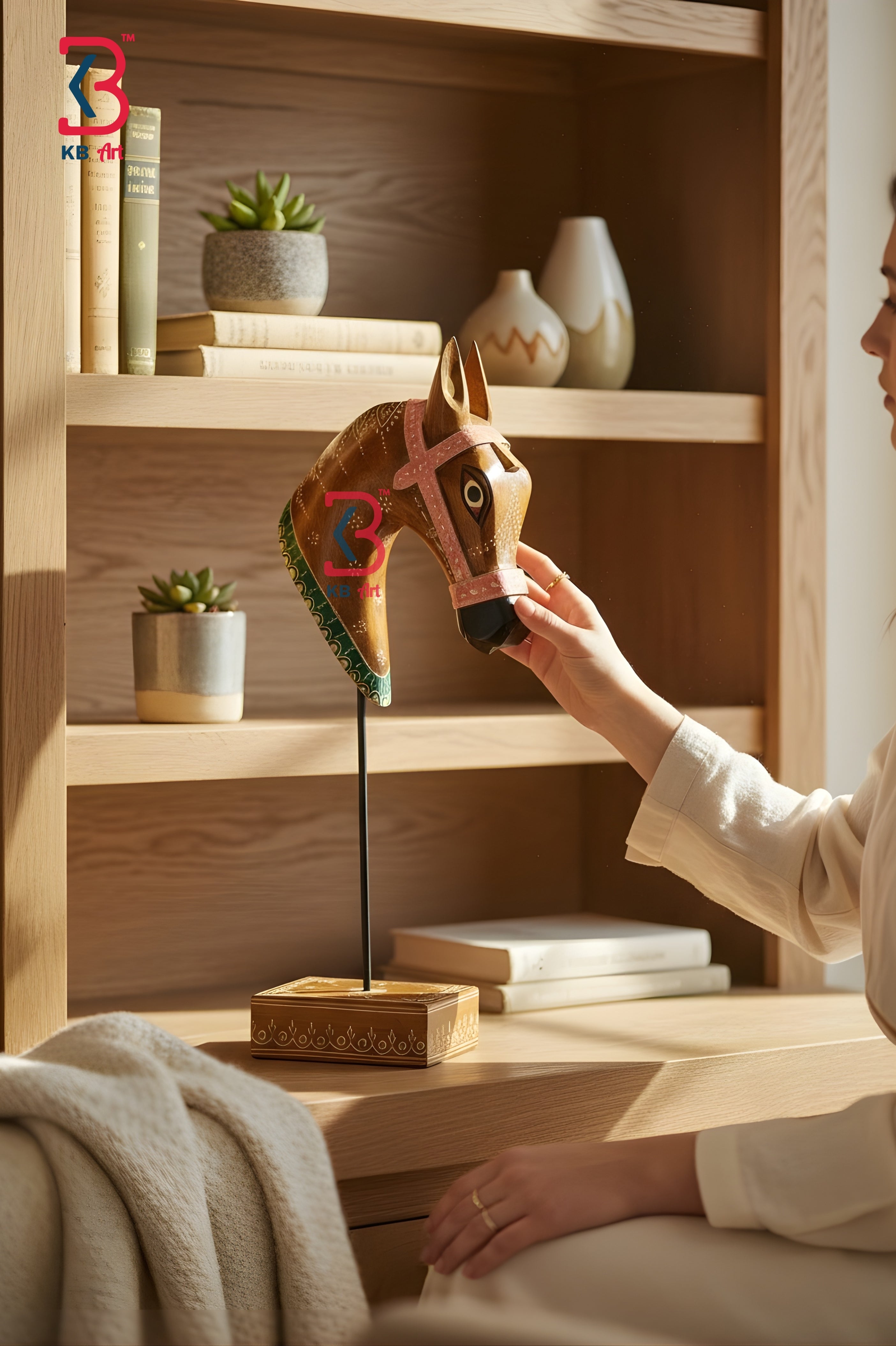 KB ART Wooden Horse Head On Stand - Side Angle Showing Finish and Craftsmanship - Handcrafted Wooden Decor Jodhpur