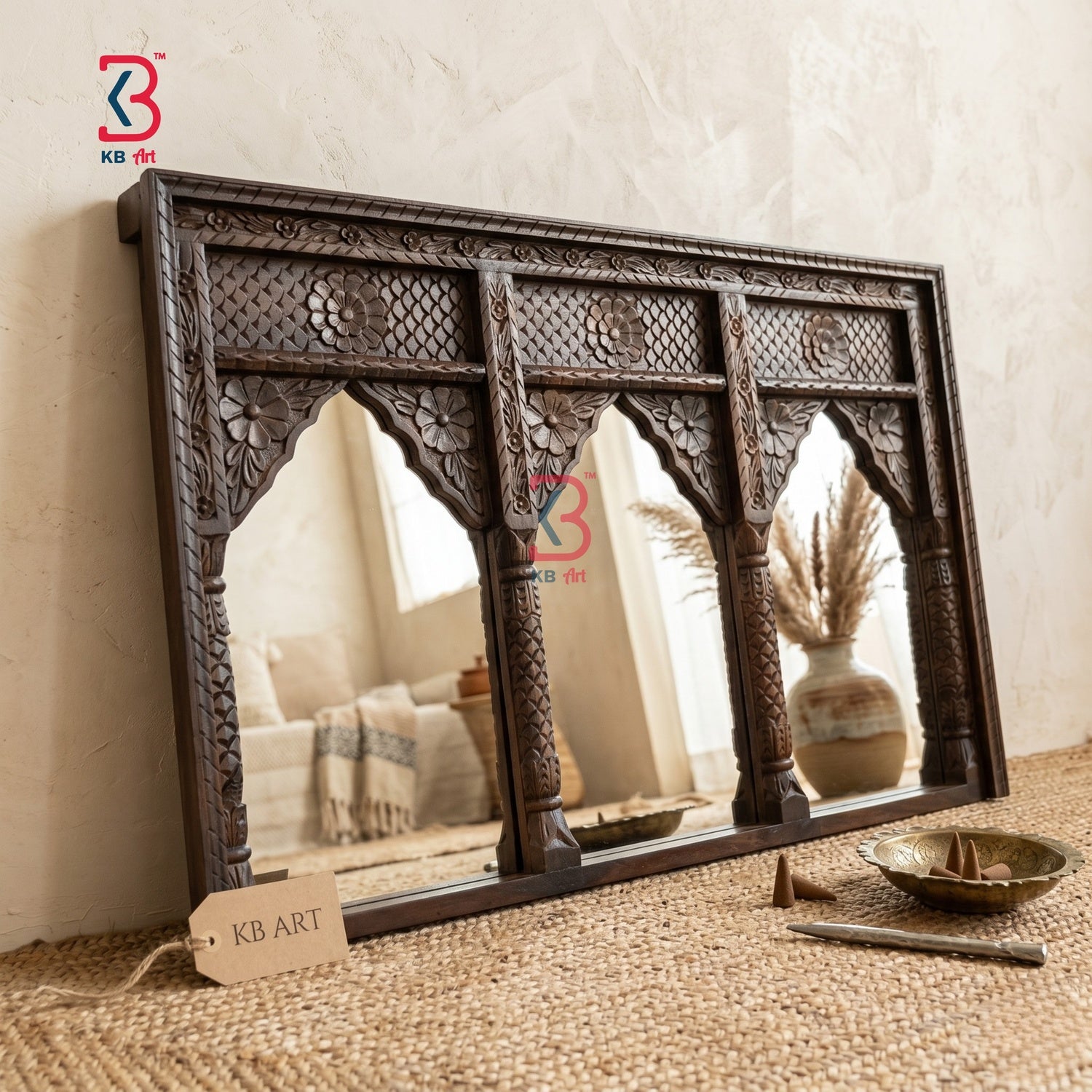 KB ART Large Antique Carved Wooden Wall Mirror - Front View of Handcrafted Detailing - Handcrafted Wooden Decor Jodhpur