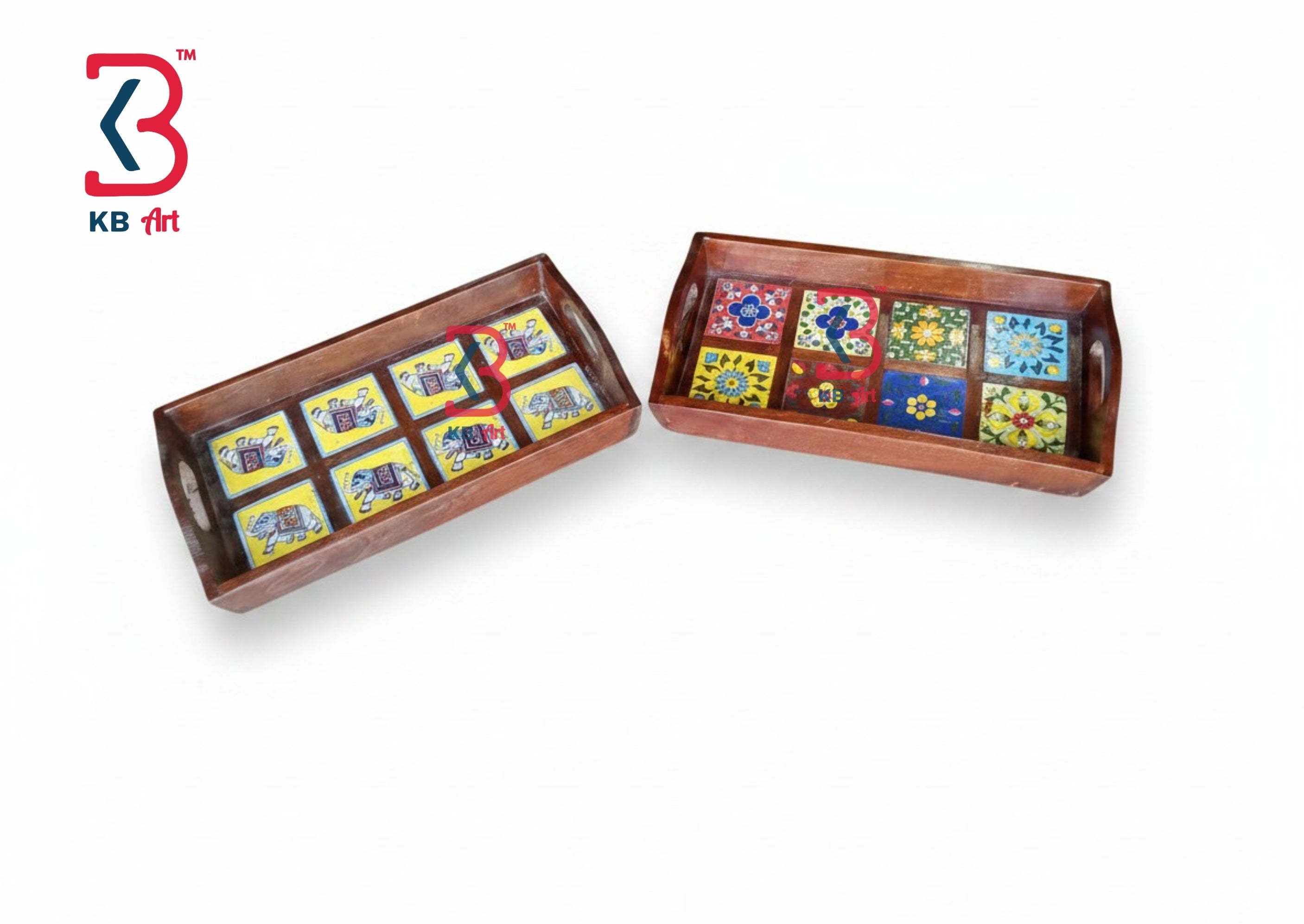 Two rectangular wooden serving trays with side handles, decorated with colorful mosaic tile patterns, shown on a white background with a KB Art logo in the top-left corner.