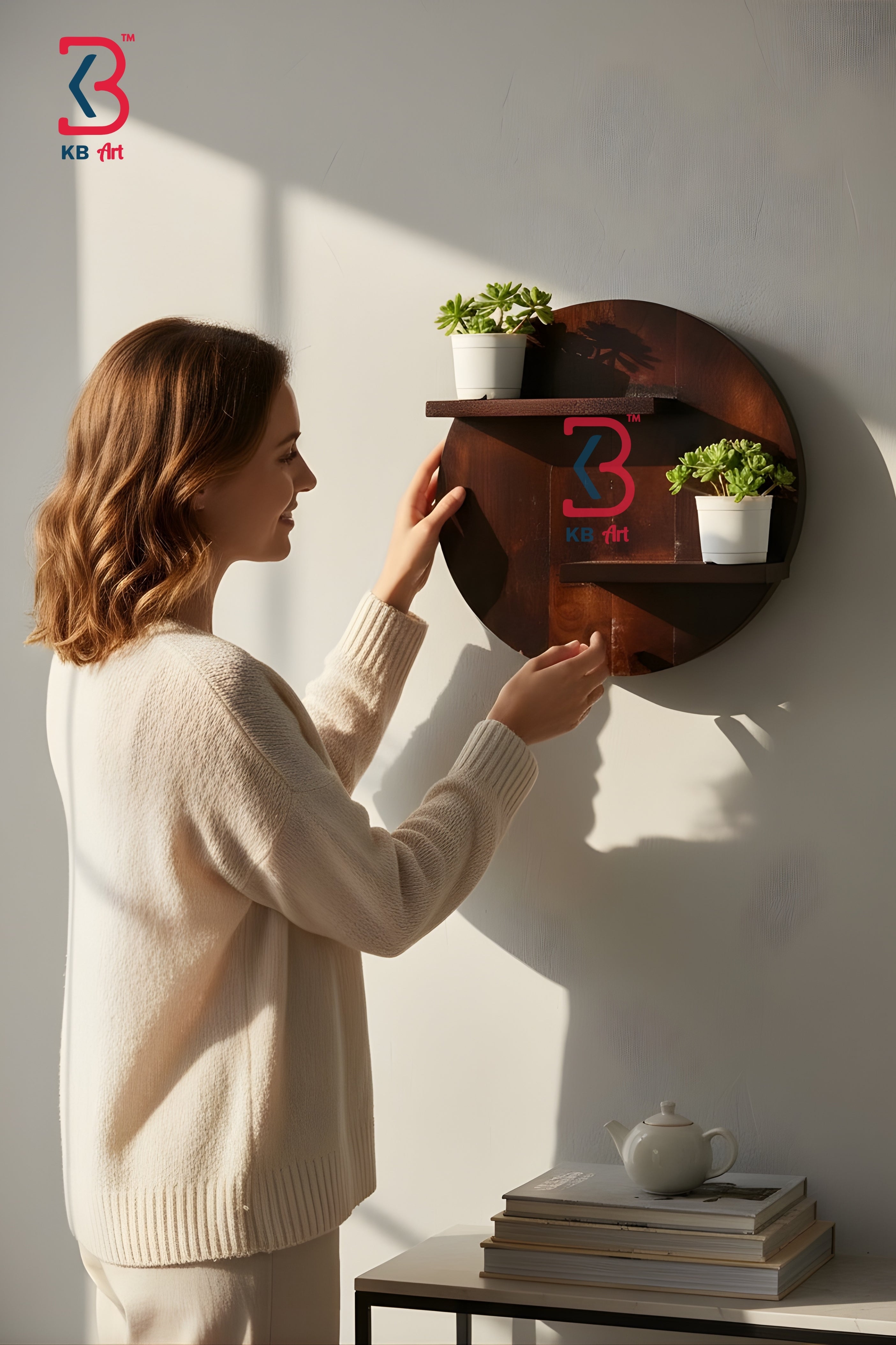 KB ART Wooden Round Wall Shelf Polished - Styled Display in Home Interior Setting - Handcrafted Wooden Decor Jodhpur