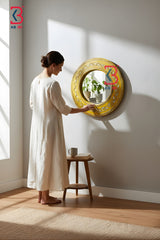 KB ART Wooden Round Yellow Mirror - Styled Display in Home Interior Setting - Handcrafted Wooden Decor Jodhpur