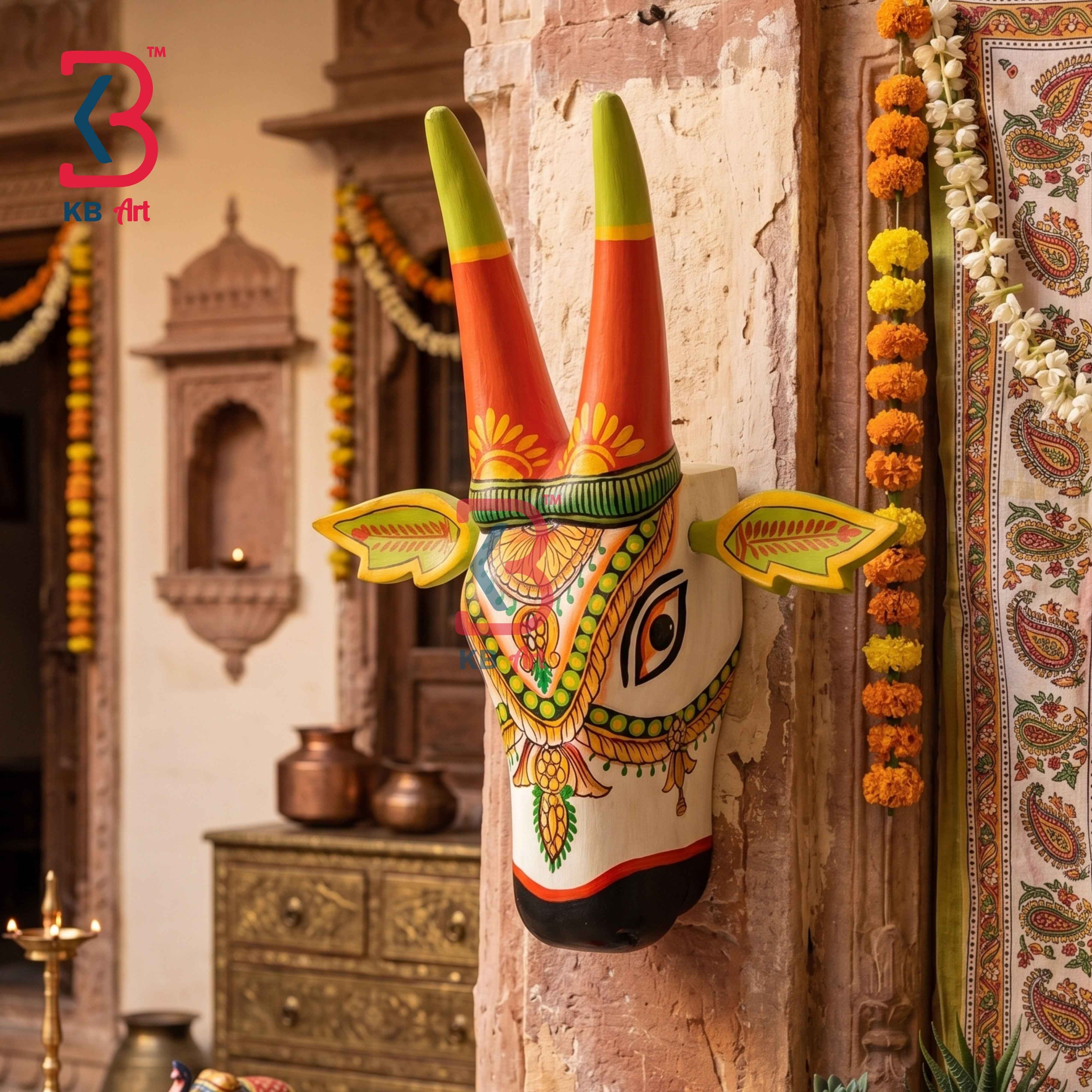 Handcrafted Wooden Cow Head Wall Hanging (10Inches) | Traditional Rajasthani Hand-Painted Kamdhenu Sacred Cow Wall Decor