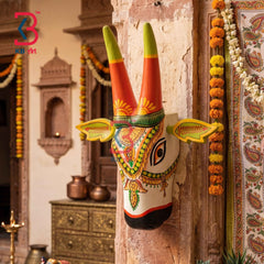 Handcrafted Wooden Cow Head Wall Hanging (10Inches) | Traditional Rajasthani Hand-Painted Kamdhenu Sacred Cow Wall Decor
