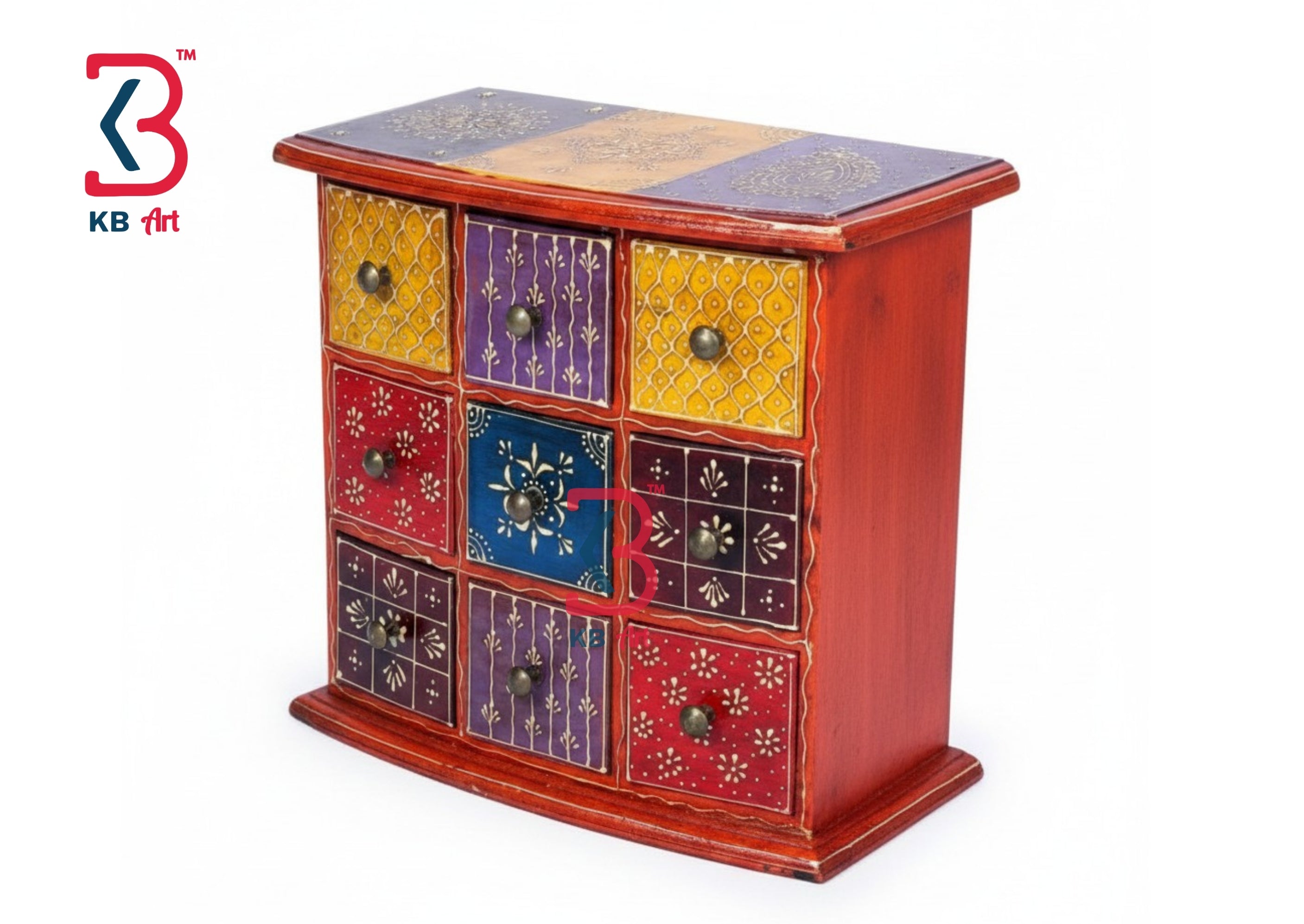 KB ART Wooden 9 Drawer Mdf Almirah Box Red - Close-Up of Hand-Carved Artisan Texture - Handcrafted Wooden Decor Jodhpur
