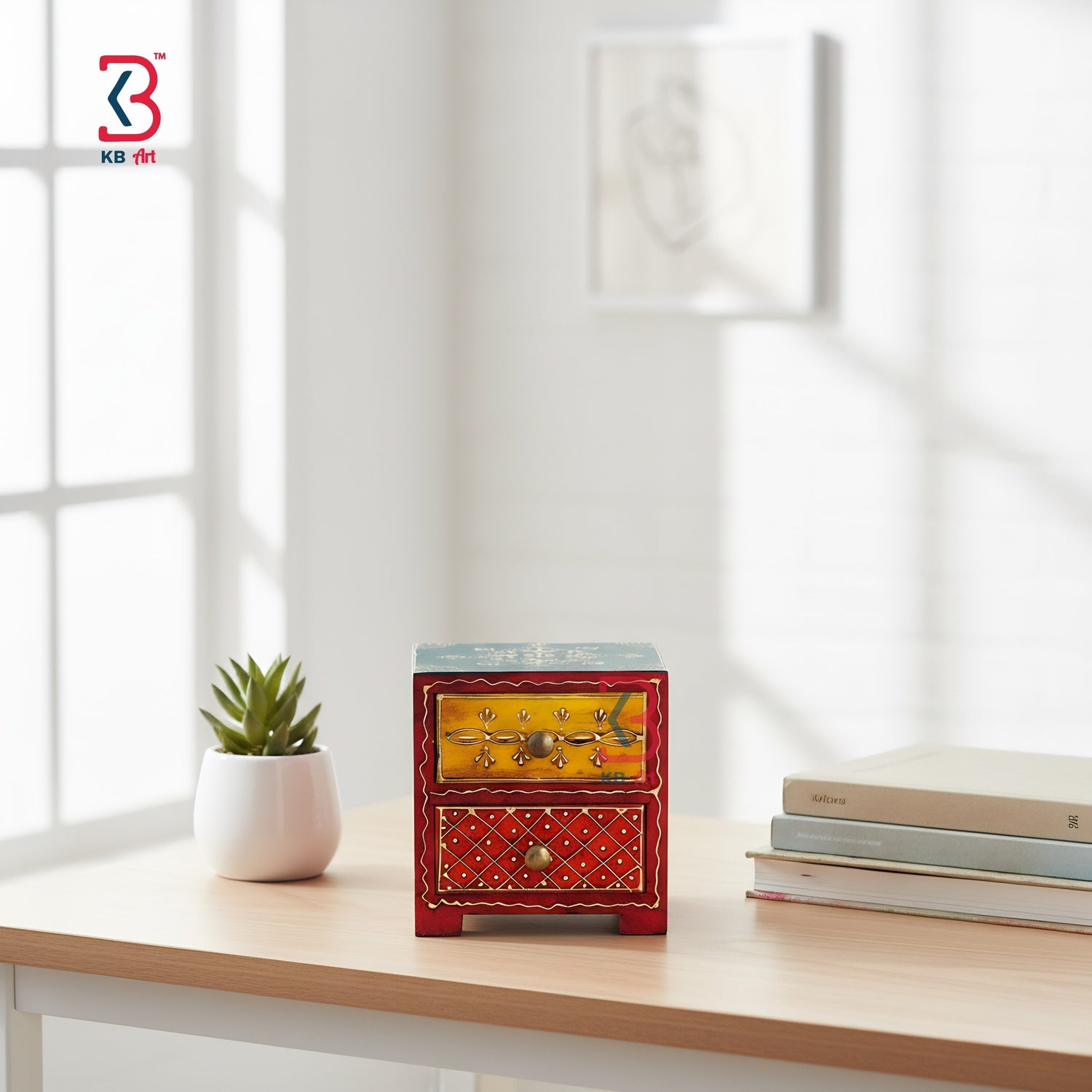 KB ART Wooden Small 2 Drawer Mdf Box - Styled Display in Home Interior Setting - Handcrafted Wooden Decor Jodhpur