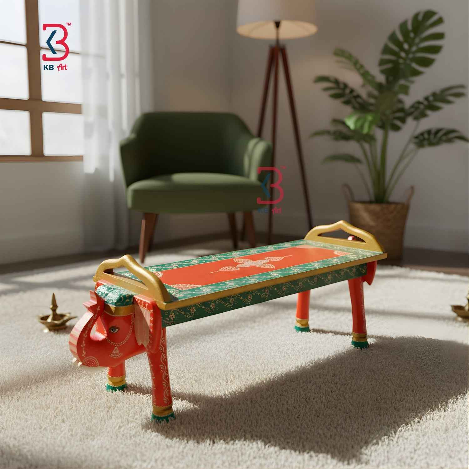 KB ART Hand-Painted Round Wooden Coffee Table with White Floral Motifs