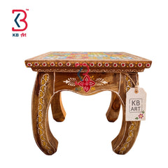 KB ART Hand-Painted Decorative Wooden Stool with Floral Ceramic Tile Top – Jodhpur Artisan Accent Seating Decor