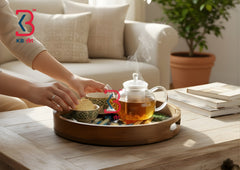 KB ART Wooden Pichwai Round Resin Tray - Styled Display in Home Interior Setting - Handcrafted Wooden Decor Jodhpur