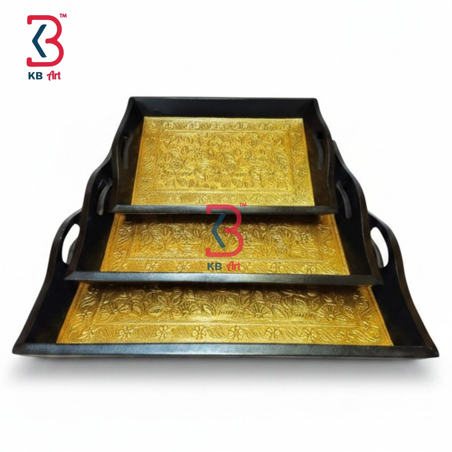 Set of three decorative trays with gold embossed designs on a white background, featuring the KB Art logo.