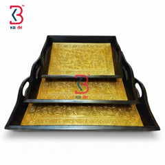 Set of three decorative trays with gold embossed designs on a white background, featuring the KB Art logo.