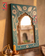 Handcrafted Teal Blue Wooden Arch Mirror with Lotus Floral Design | Indian Traditional Wall Decor