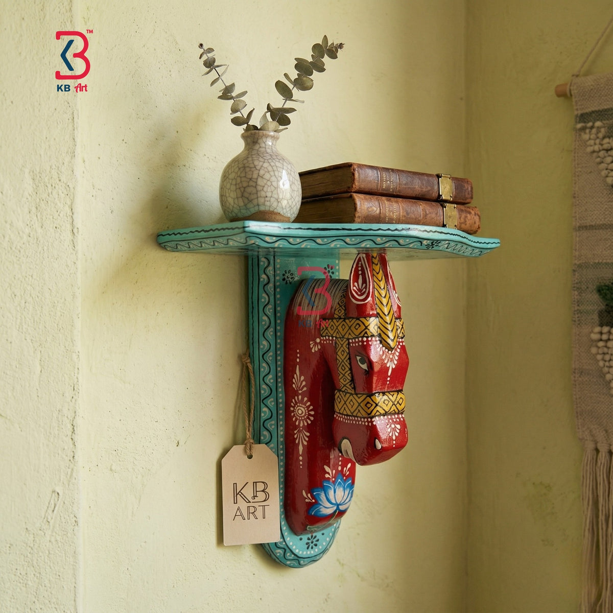 KB ART Hand Painted Red Horse Wall Shelf - Close-Up of Hand-Carved Artisan Texture - Handcrafted Wooden Decor Jodhpur