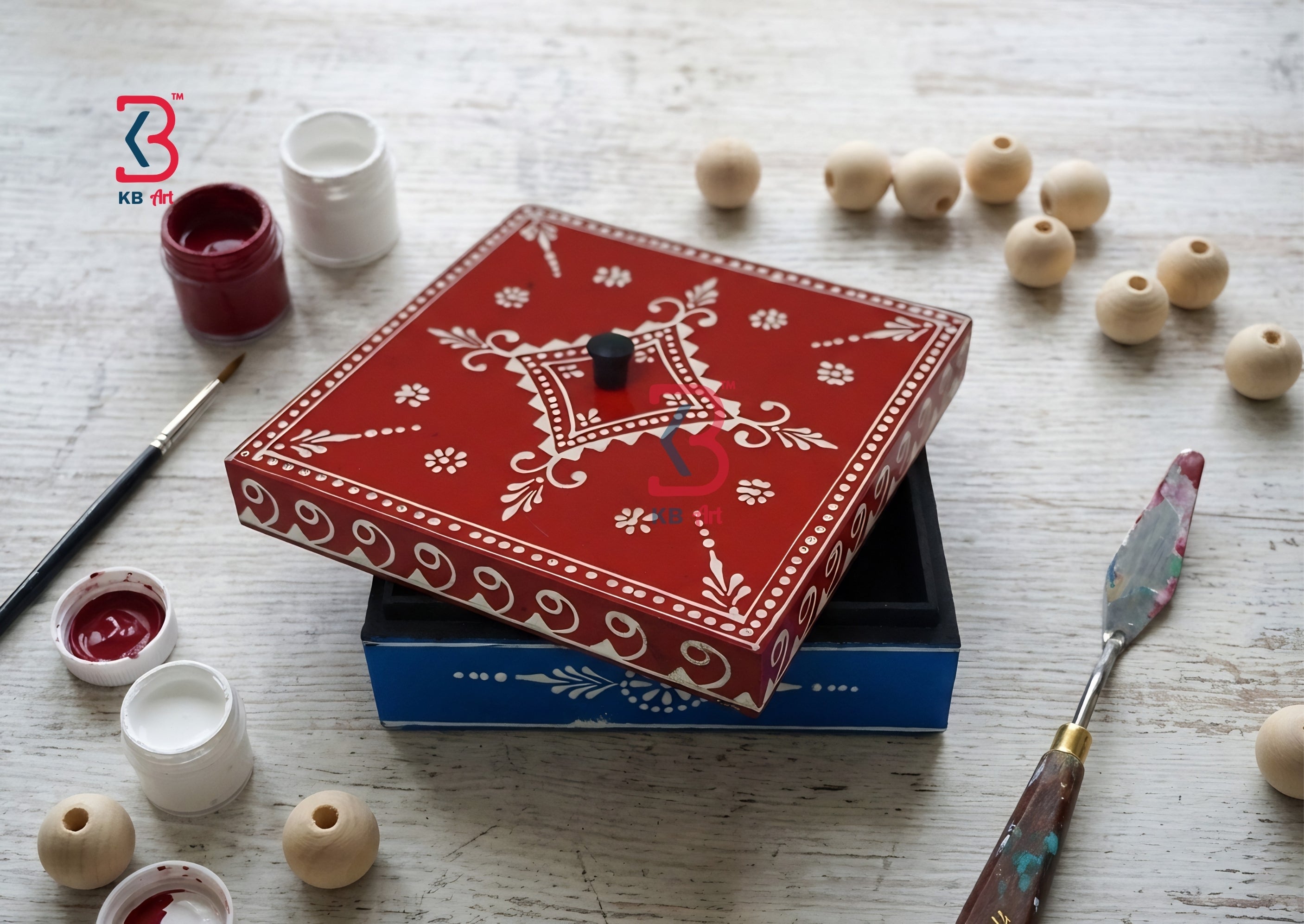 KB ART Wooden Small Square Box - Complete Product View on Plain Background - Handcrafted Wooden Decor Jodhpur