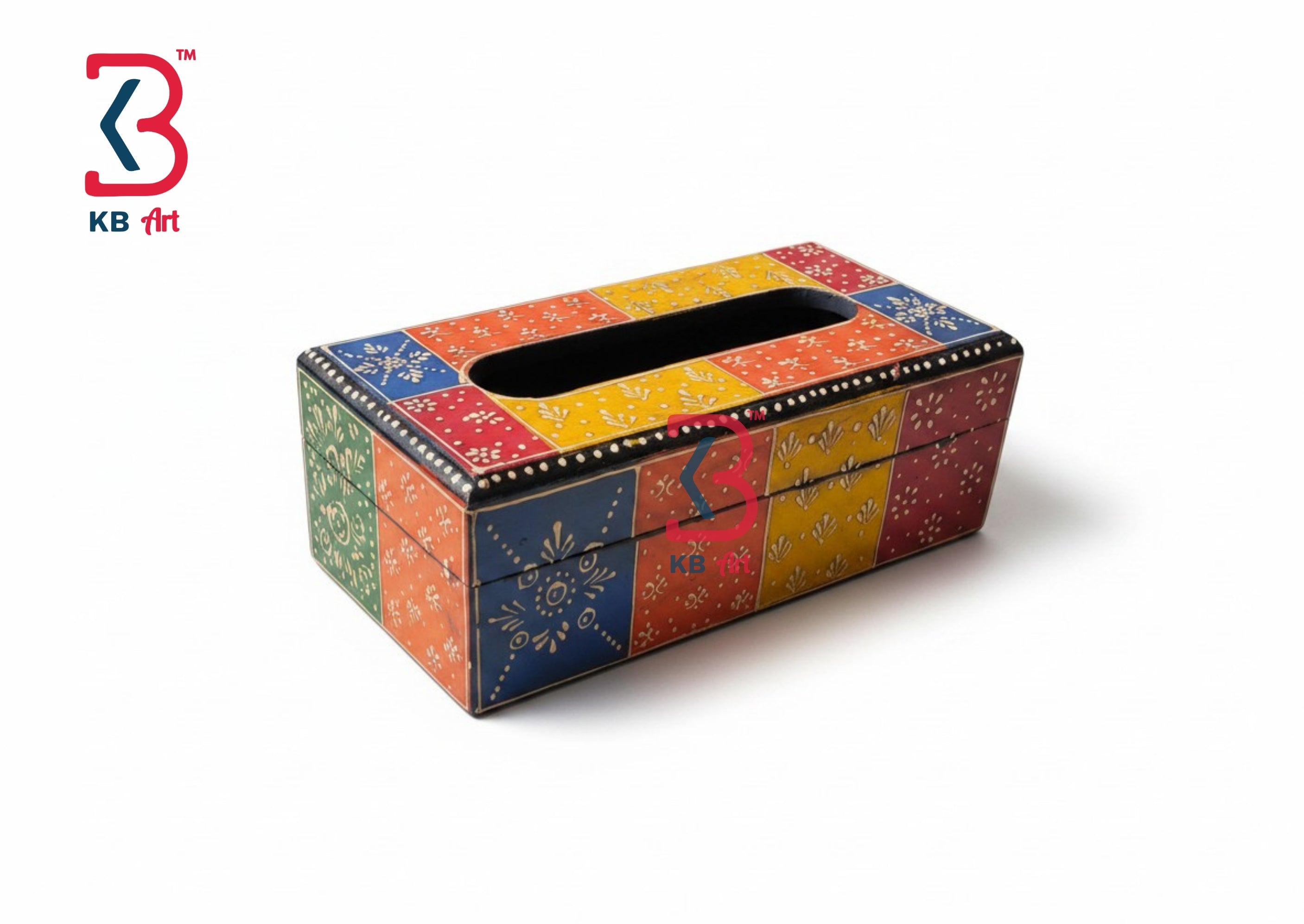 KB ART Hand Painted Wooden Tissue Box - Front View of Handcrafted Detailing - Handcrafted Wooden Decor Jodhpur