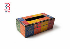 KB ART Hand Painted Wooden Tissue Box - Front View of Handcrafted Detailing - Handcrafted Wooden Decor Jodhpur