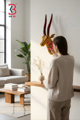 KB ART Hand Painted Wooden Deer Head With Long Hor - Styled Display in Home Interior Setting - Handcrafted Wooden Decor Jodhpur