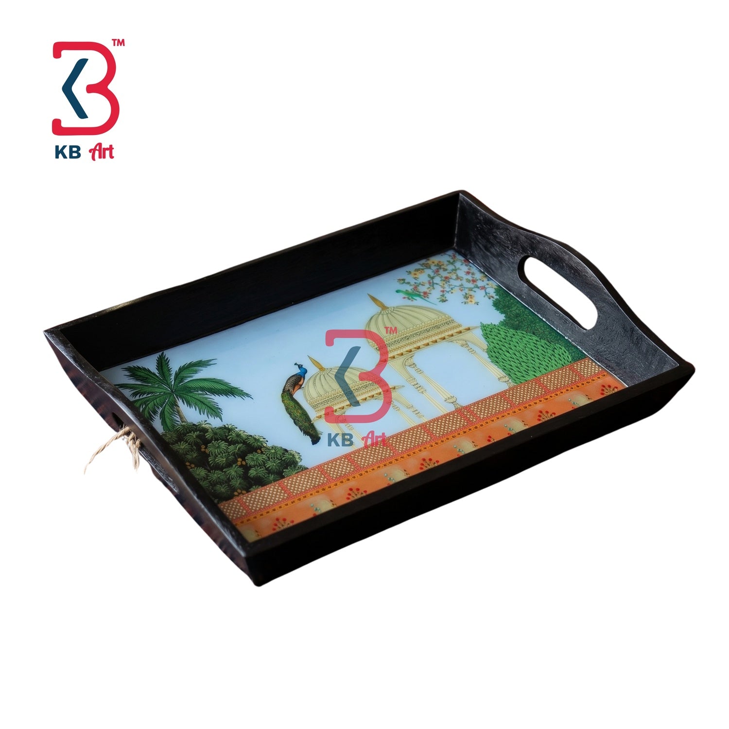KB ART Mughal Palace Peacock Resin Wooden Tray - Front View of Handcrafted Detailing - Handcrafted Wooden Decor Jodhpur
