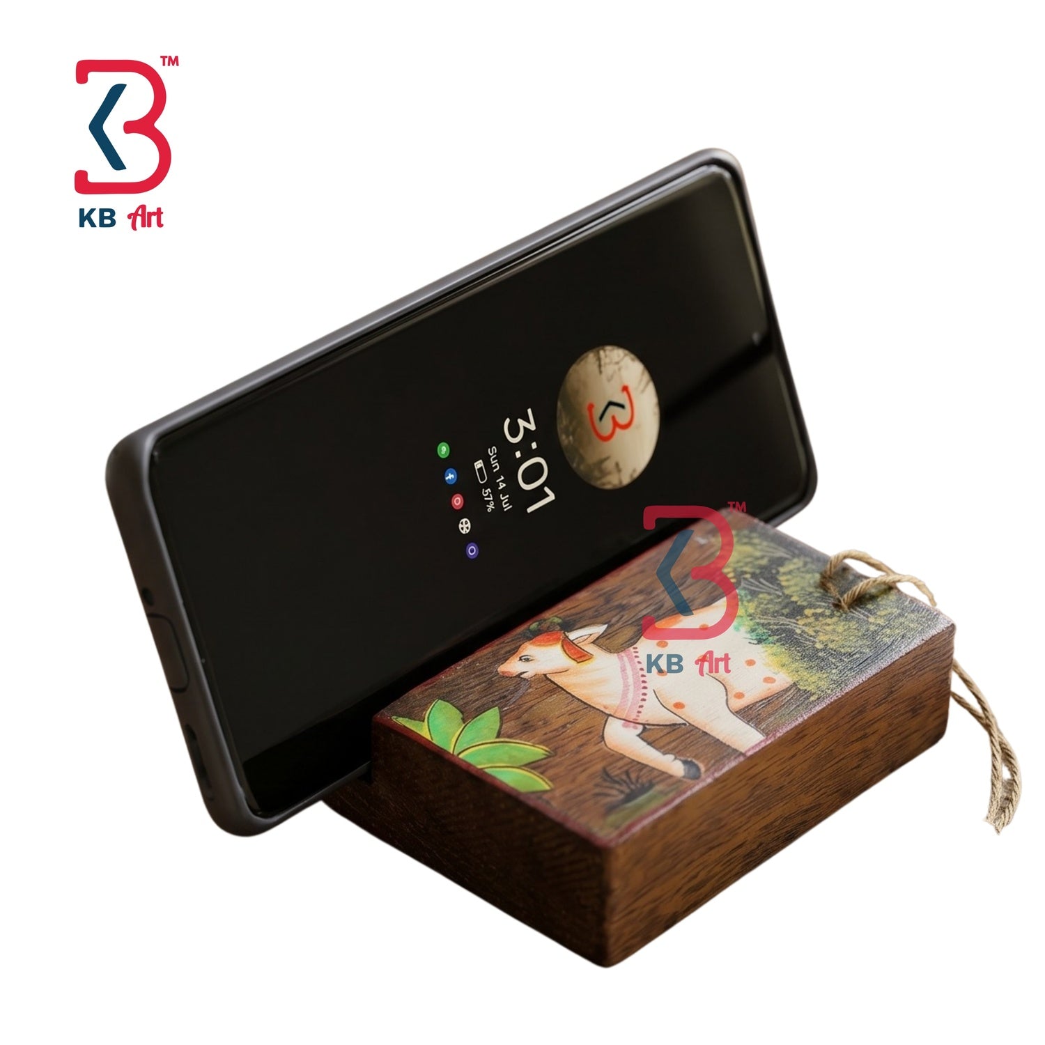 KB ART Hand Painted Wooden Mobile Stand Cow Art - Side Angle Showing Finish and Craftsmanship - Handcrafted Wooden Decor Jodhpur