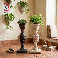 KB ART Wooden Carved Pillar Candle Stand Set - Styled Display in Home Interior Setting - Handcrafted Wooden Decor Jodhpur