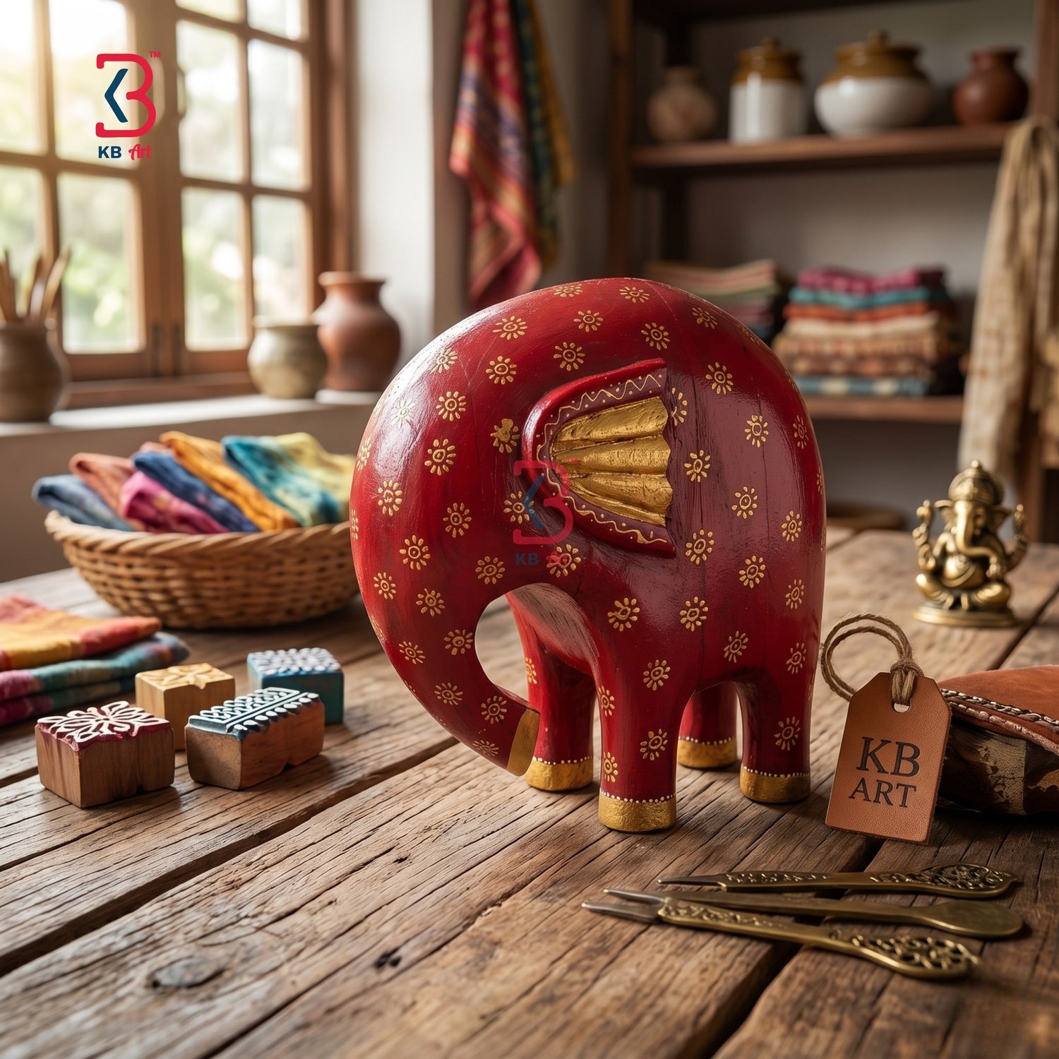 KB ART Modern Wooden Elephant Statue Red Gold - Styled Display in Home Interior Setting - Handcrafted Wooden Decor Jodhpur