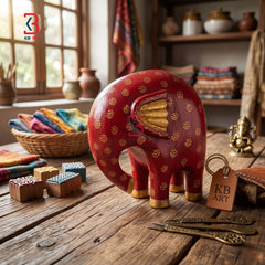 KB ART Modern Wooden Elephant Statue Red Gold - Styled Display in Home Interior Setting - Handcrafted Wooden Decor Jodhpur