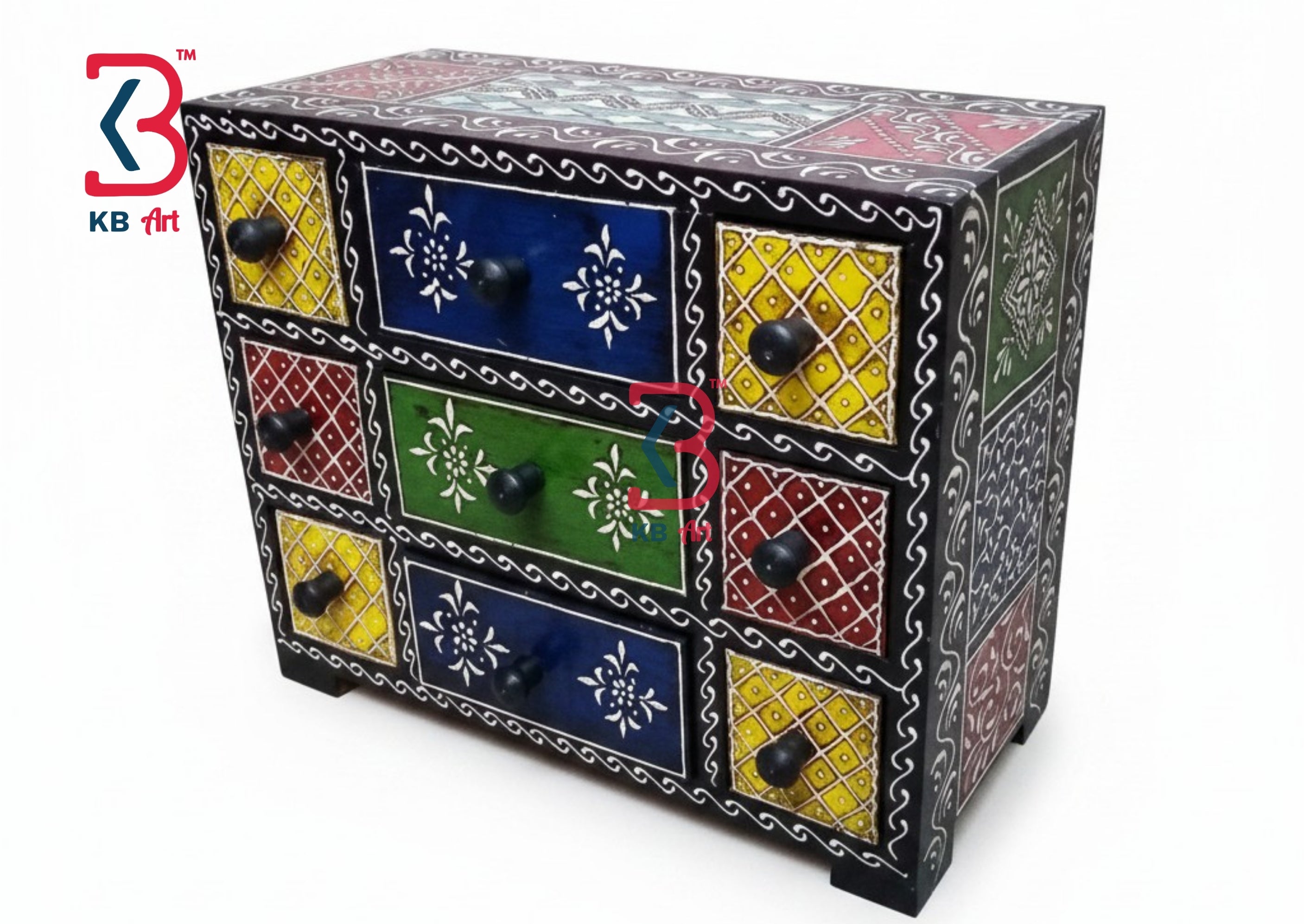 KB ART Wooden 9 Drawer Mdf Box Painted Black - Styled Display in Home Interior Setting - Handcrafted Wooden Decor Jodhpur