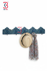 KB ART Wooden 5 Hook Wall Rack - Front View of Handcrafted Detailing - Handcrafted Wooden Decor Jodhpur