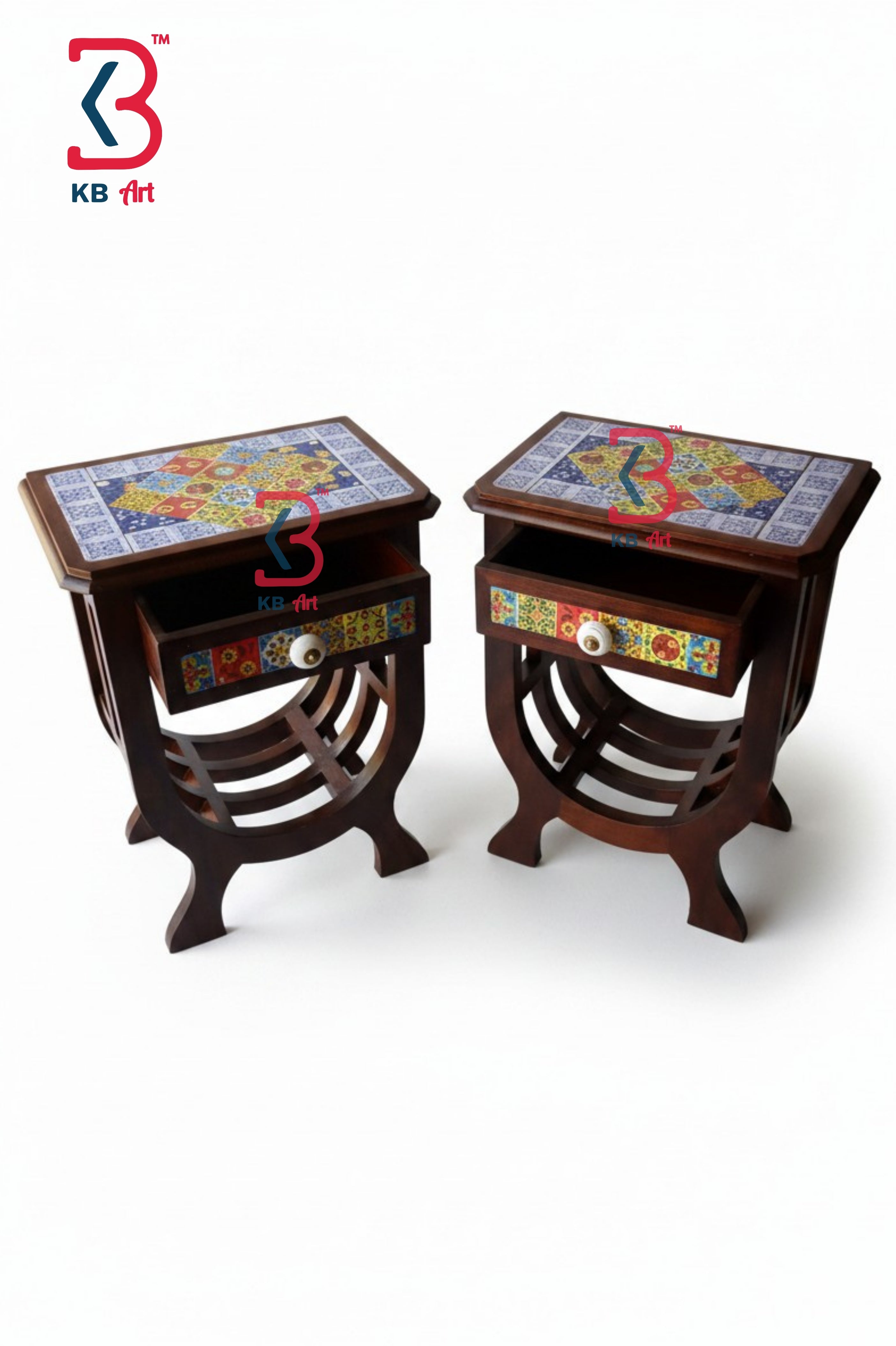 A pair of dark brown wooden side tables with colorful mosaic tile tops and drawer fronts, set against a plain white background. A KB art logo is visible in the top left corner.