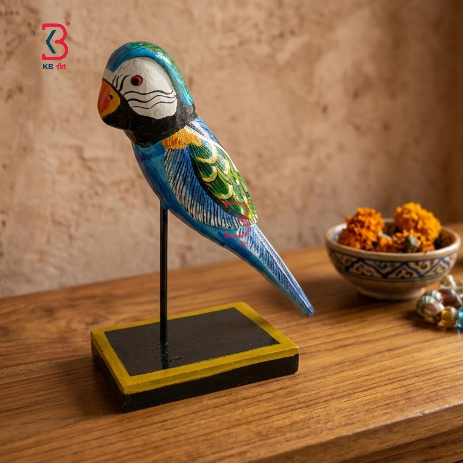 KB ART Blue Macaw Wooden Figurine - Close-Up of Hand-Carved Artisan Texture - Handcrafted Wooden Decor Jodhpur