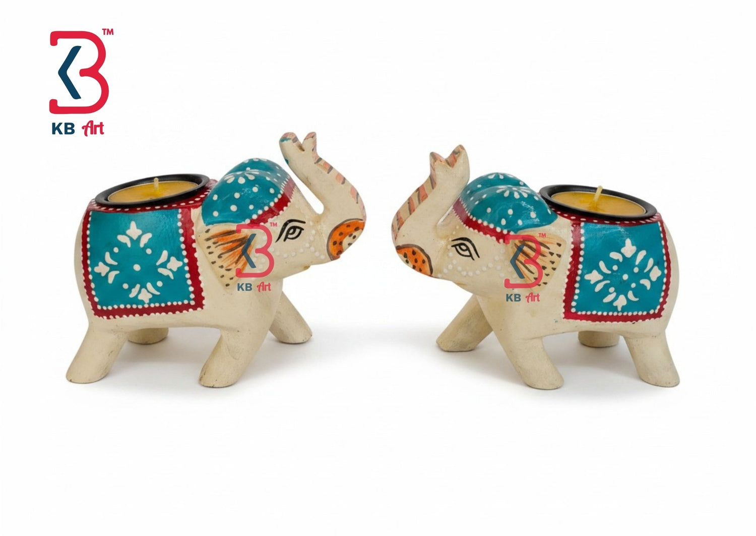 KB ART decorative white wood elephants arranged neatly as an ethnic centerpiece on a luxury festive dinner table layout.
