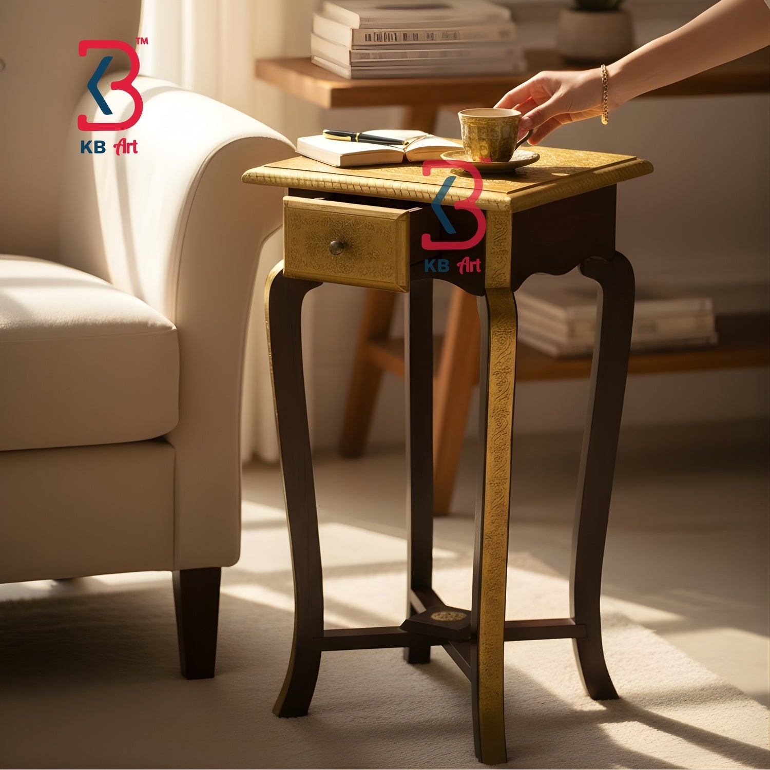 Small wooden side table with a drawer in a living room setting, featuring the KB Art logo.