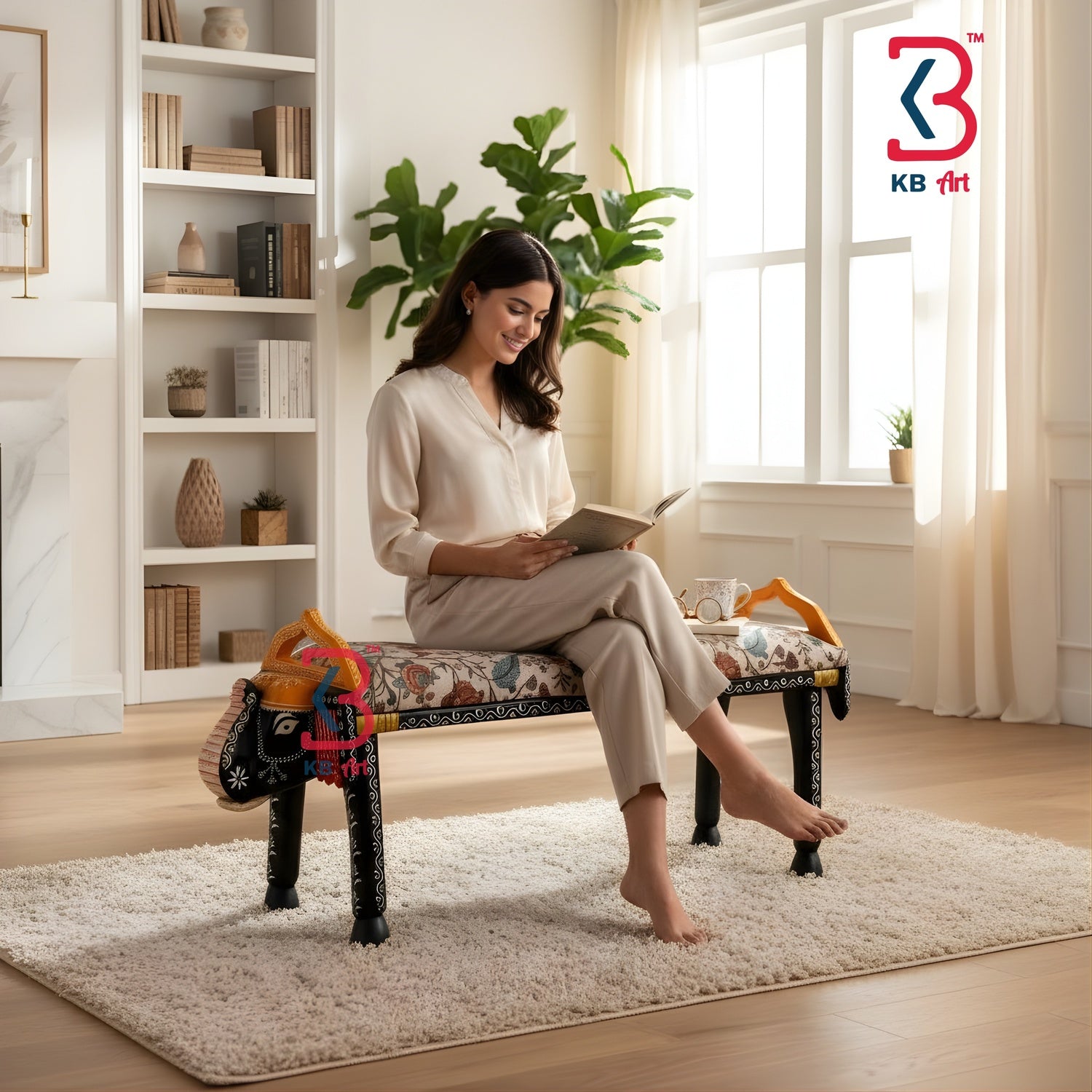 Woman reading a book in a cozy living room with KB Art logo.