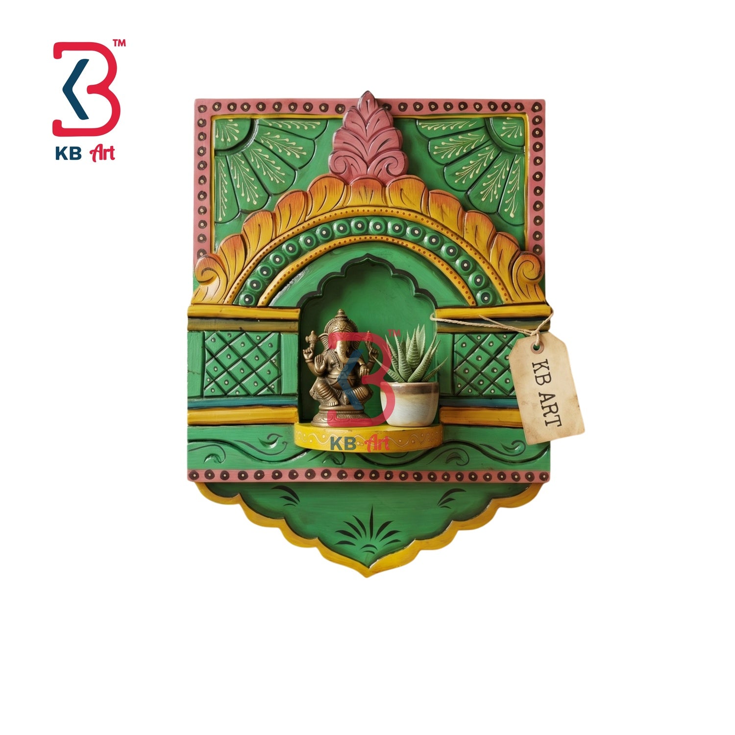 KB ART Ganesha Jharokha Wall Shelf - Close-Up of Hand-Carved Artisan Texture - Handcrafted Wooden Decor Jodhpur