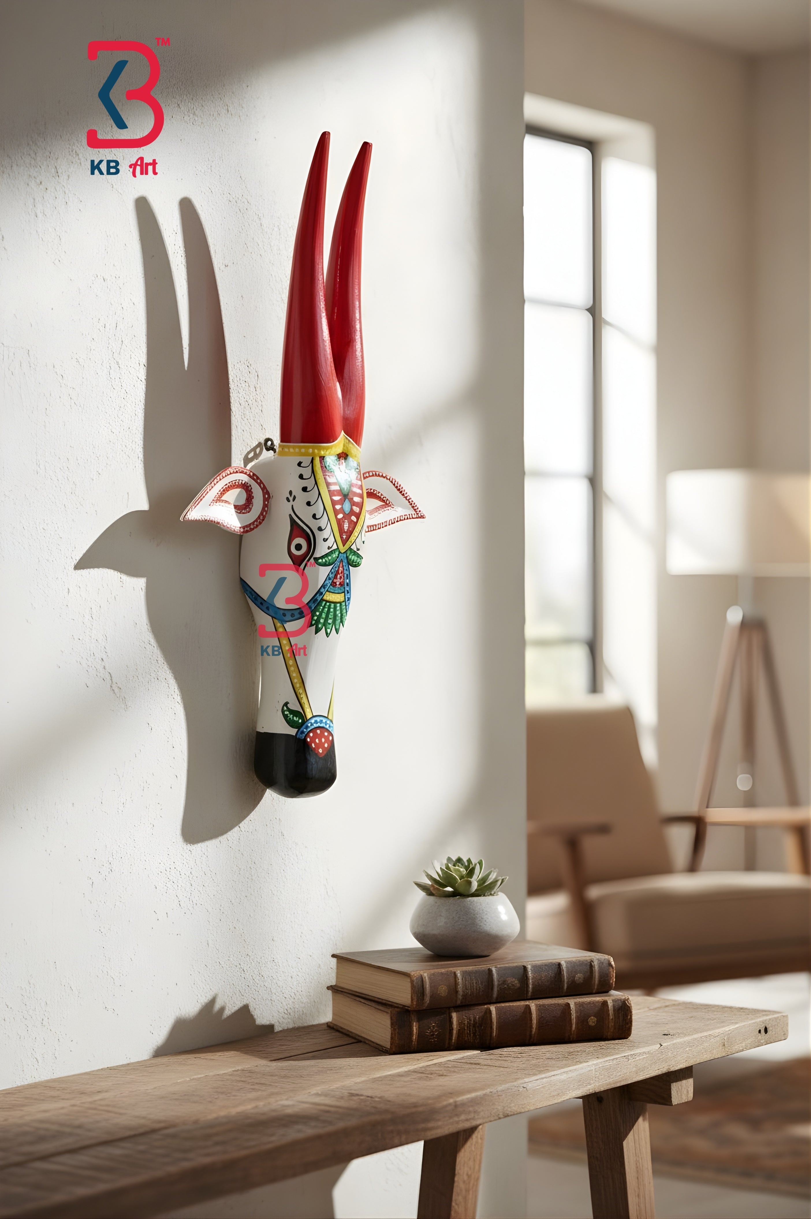 KB ART 18 Inch Traditional Hand Painted Wooden Cow - Styled Display in Home Interior Setting - Handcrafted Wooden Decor Jodhpur