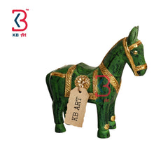 KB ART Green Wooden Brass Horse - Close-Up of Hand-Carved Artisan Texture - Handcrafted Wooden Decor Jodhpur