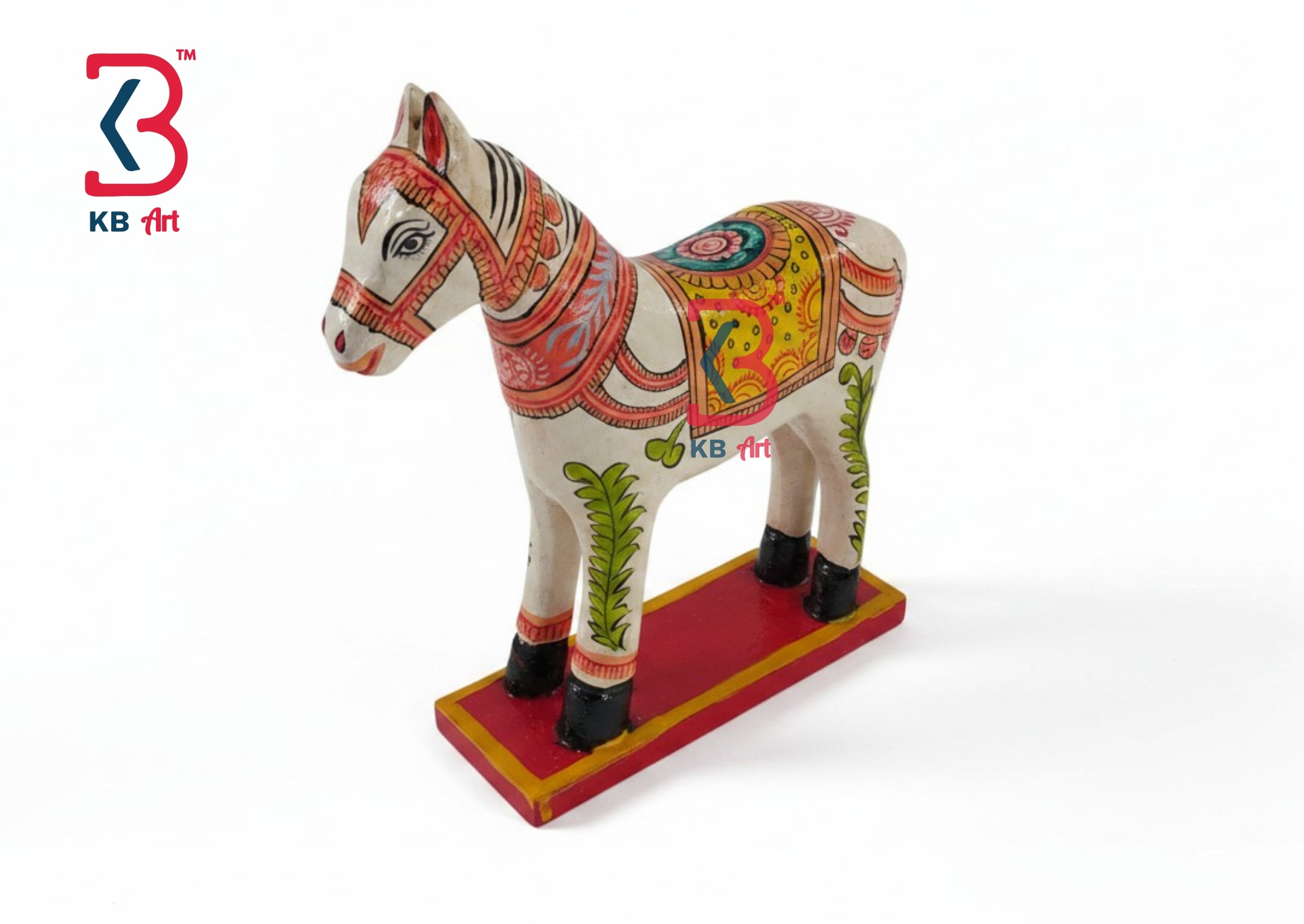 KB ART White Royal Horse Figurine - Front View of Handcrafted Detailing - Handcrafted Wooden Decor Jodhpur
