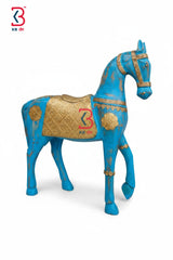 KB ART Handcrafted Blue Wooden Horse Statue - Front View of Handcrafted Detailing - Handcrafted Wooden Decor Jodhpur
