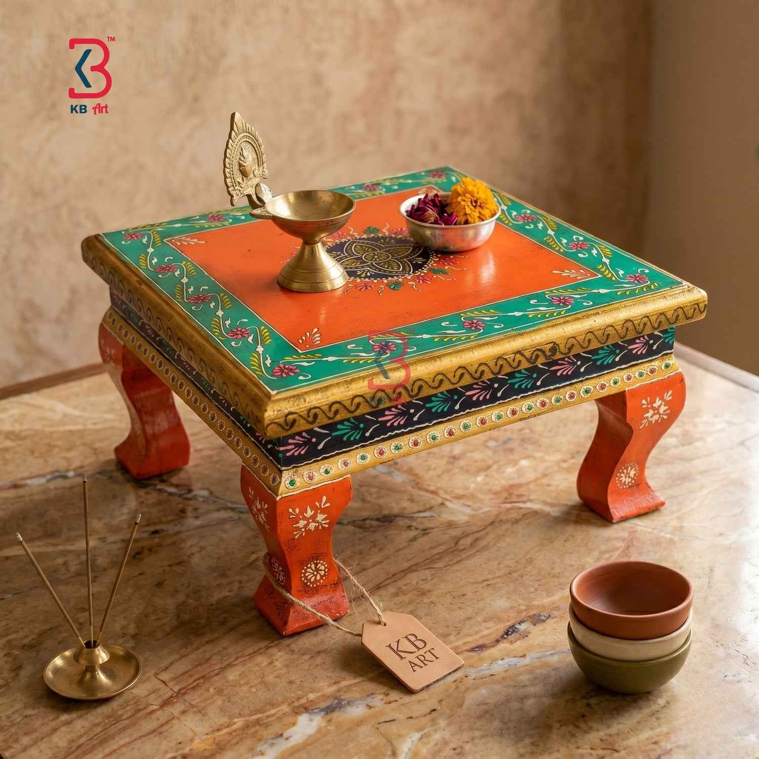Hand-Painted Rajasthani Wooden Chowki - Traditional Floral Bajot for Pooja & Decor | KB ART (Copy)