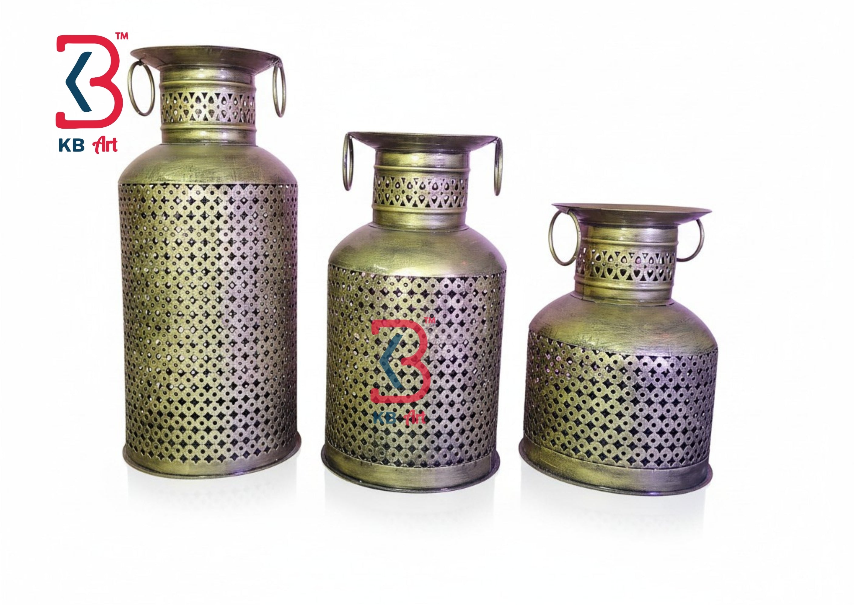 KB ART Antique Finish Iron Lantern Set - Front View of Handcrafted Detailing - Handcrafted Wooden Decor Jodhpur