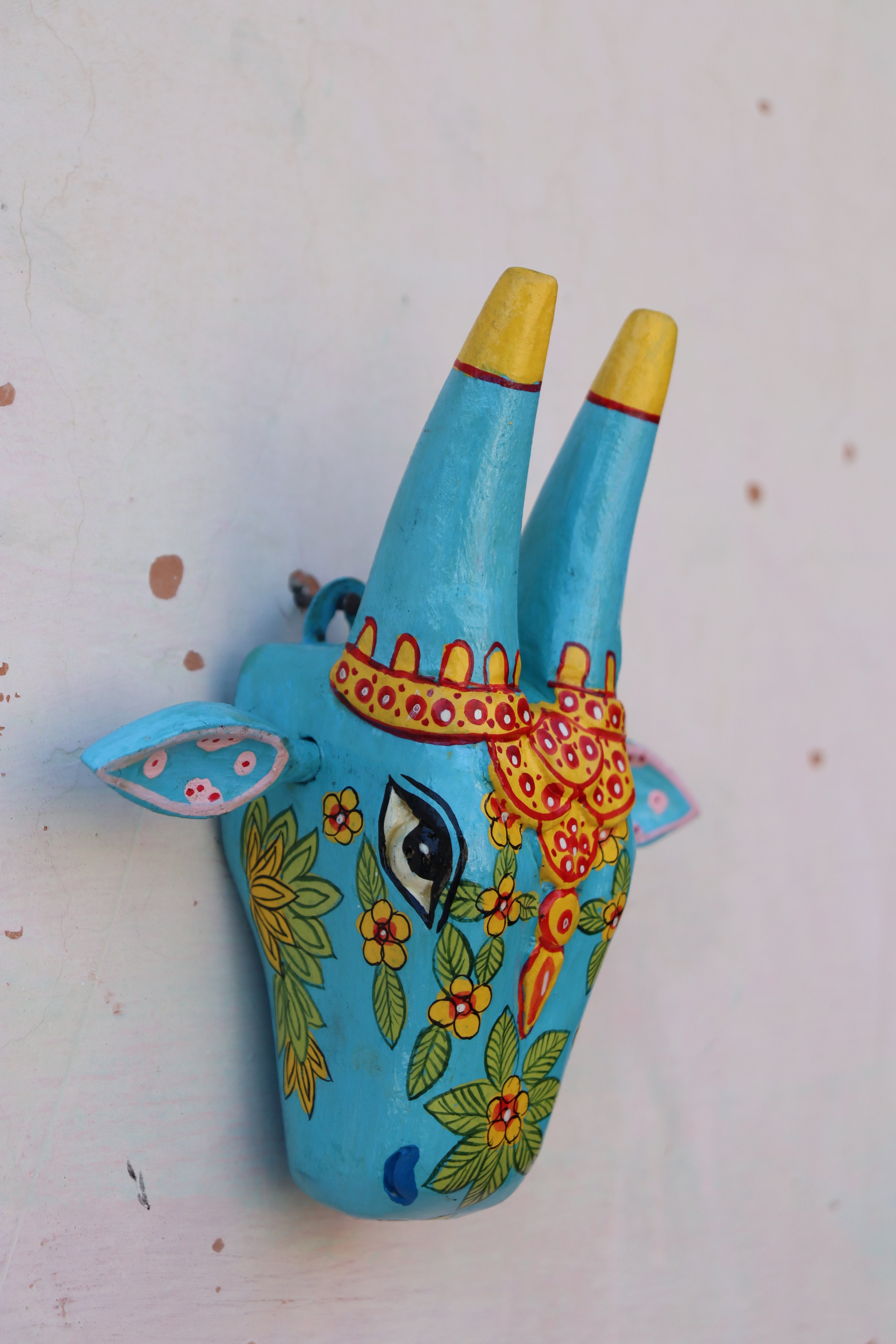 KB ART 6 Inch Hand Carved Wooden Cow Mask Floral - Side Angle Showing Finish and Craftsmanship - Handcrafted Wooden Decor Jodhpur