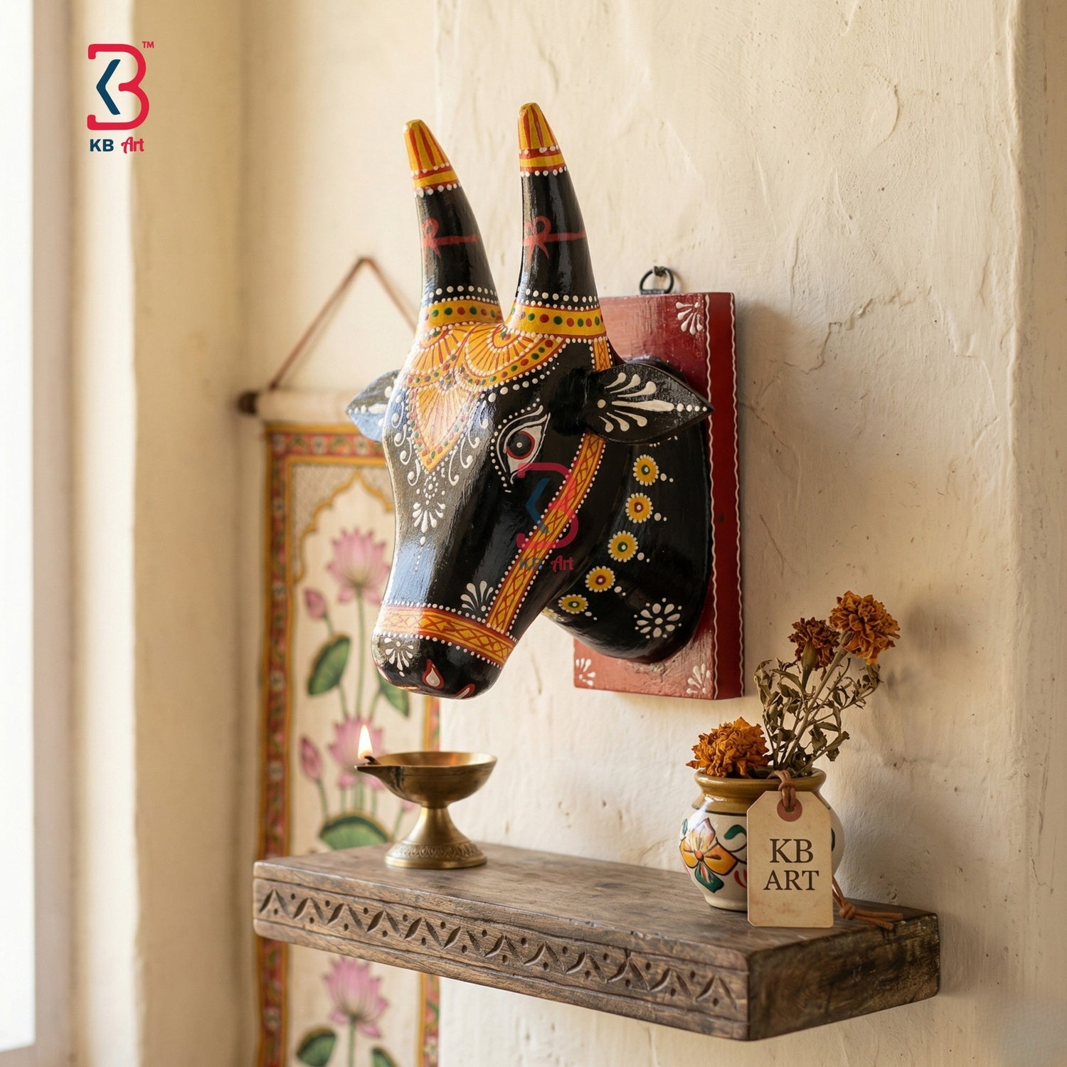KB ART 8 Inch Handcrafted Wooden Cow Head On Mount - Close-Up of Hand-Carved Artisan Texture - Handcrafted Wooden Decor Jodhpur
