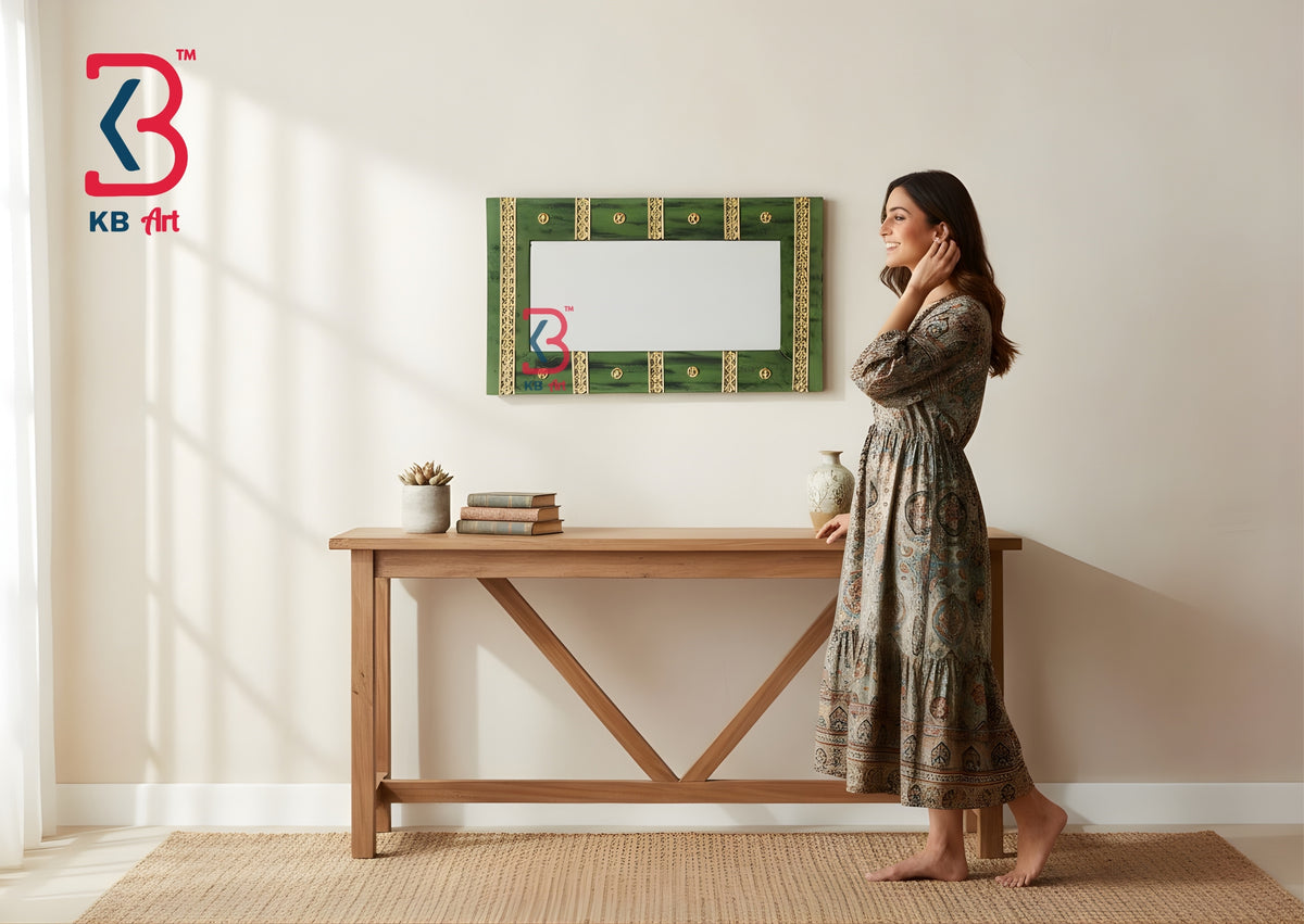 KB ART Wooden Brass Rectangle Mirror - Front View of Handcrafted Detailing - Handcrafted Wooden Decor Jodhpur