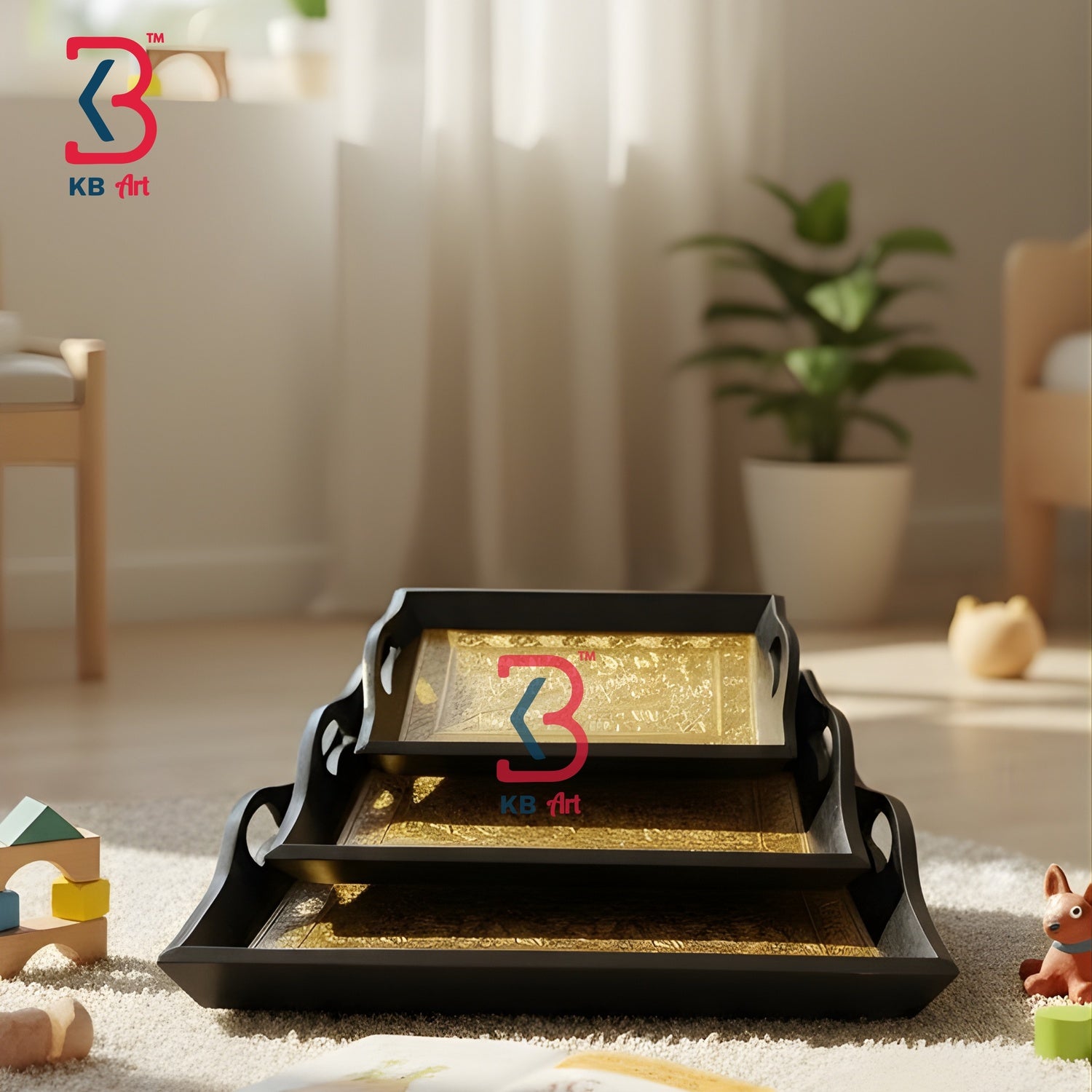 Set of black trays with gold accents and KBirt logo on a carpeted floor.