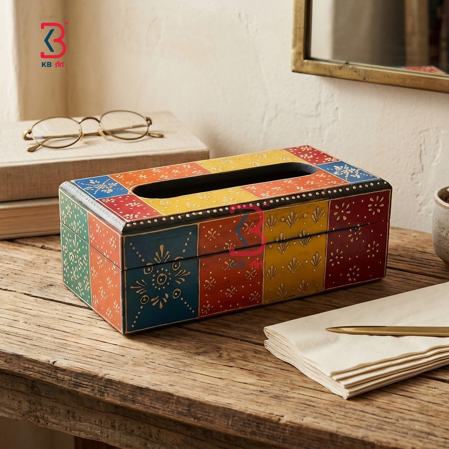 KB ART Hand Painted Wooden Tissue Box - Close-Up of Hand-Carved Artisan Texture - Handcrafted Wooden Decor Jodhpur