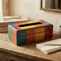 KB ART Hand Painted Wooden Tissue Box - Close-Up of Hand-Carved Artisan Texture - Handcrafted Wooden Decor Jodhpur