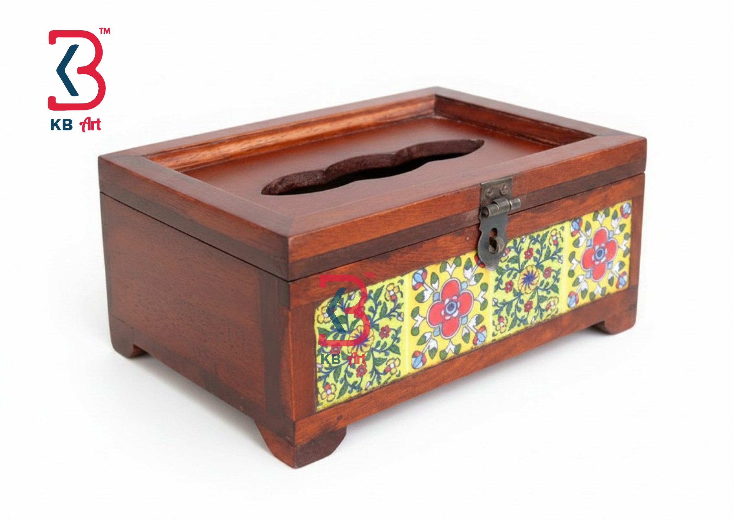 A rectangular wooden tissue box box with a dark reddish-brown finish, featuring a colorful floral patterned panel on the front and a metal latch closure. A KB Art logo is visible in the top-left corner.