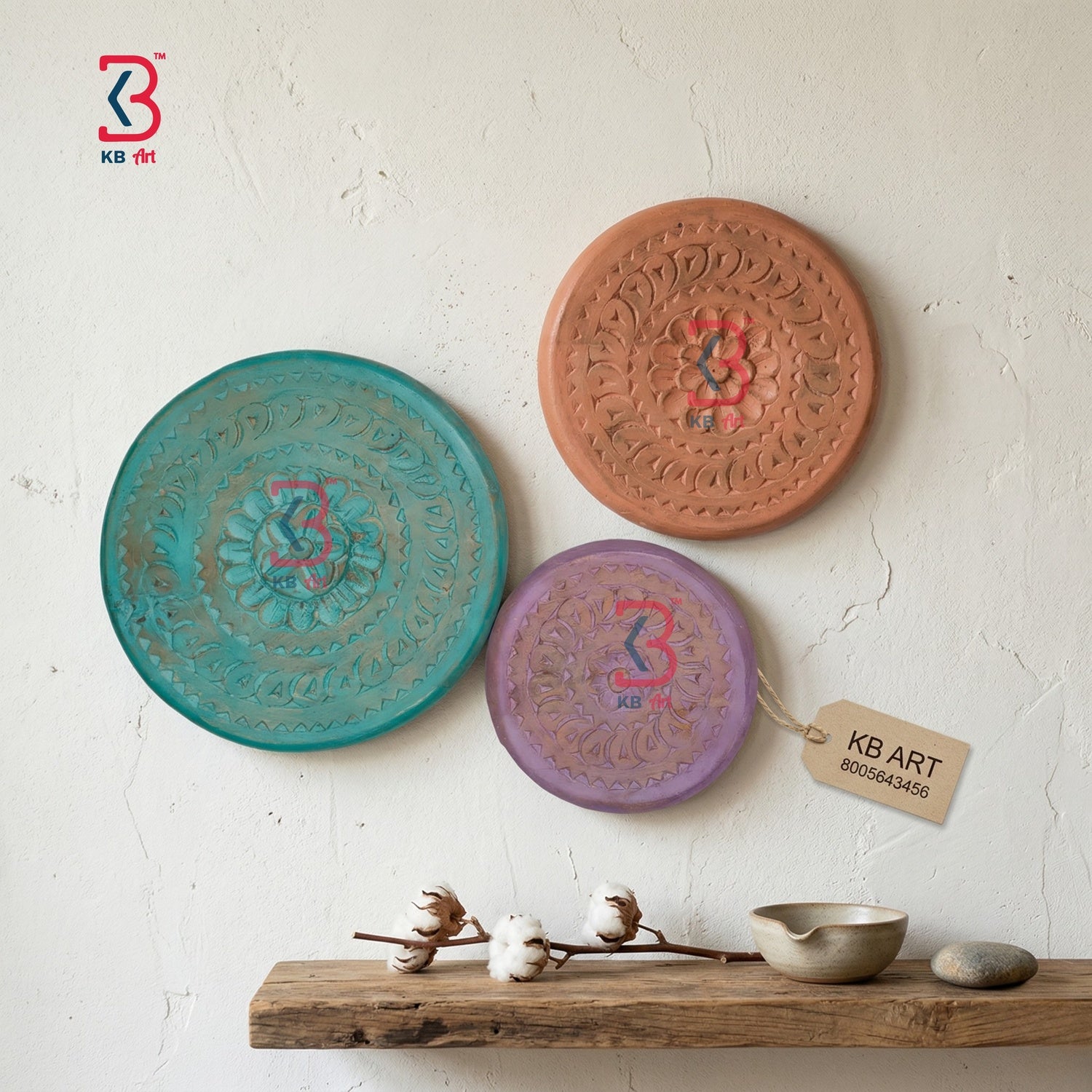 KB ART Wooden Carved Round Wall Plates Set 3 - Styled Display in Home Interior Setting - Handcrafted Wooden Decor Jodhpur