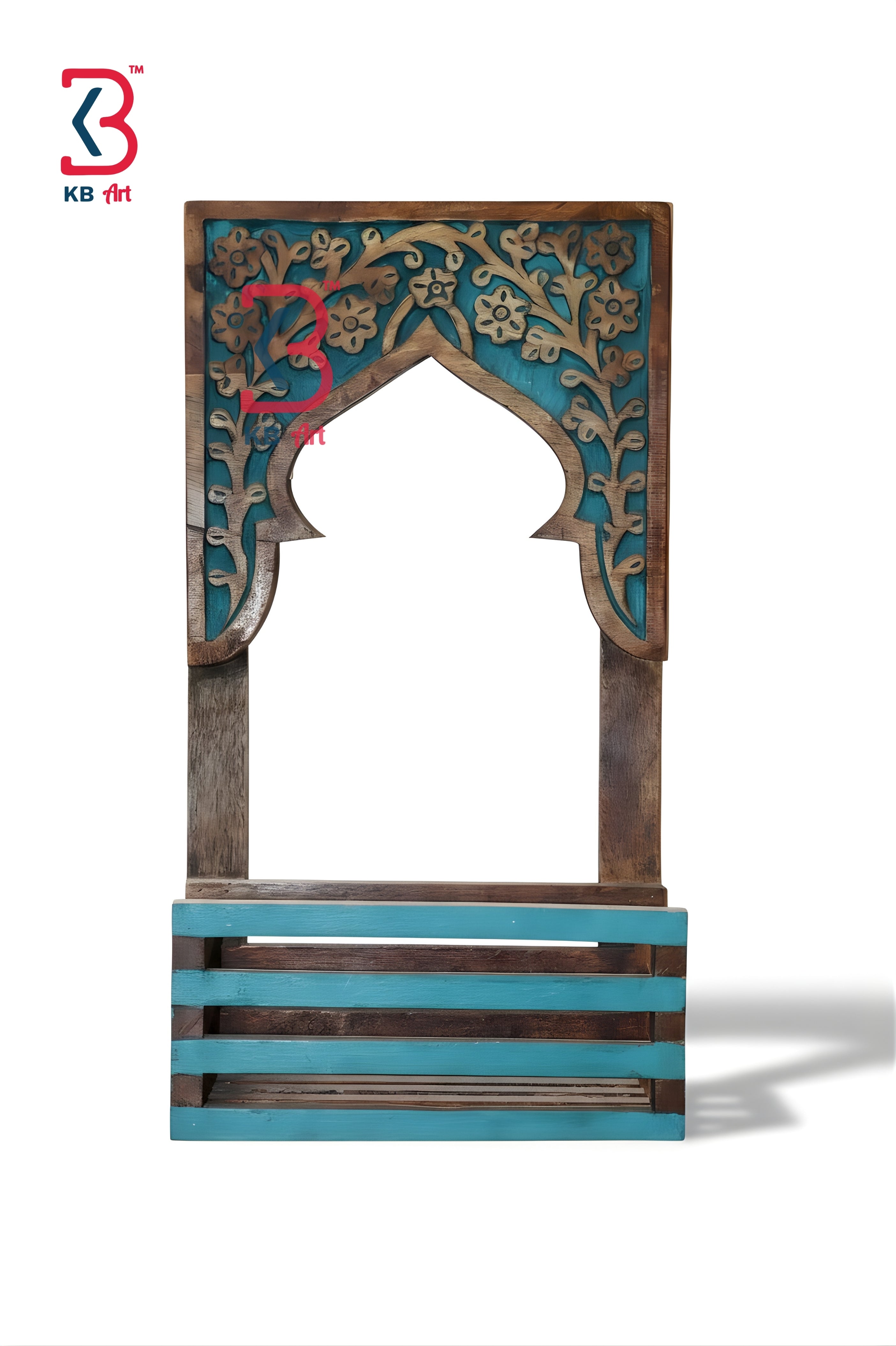 KB ART Teal Carved Wooden Window Shelf Frame - Front View of Handcrafted Detailing - Handcrafted Wooden Decor Jodhpur