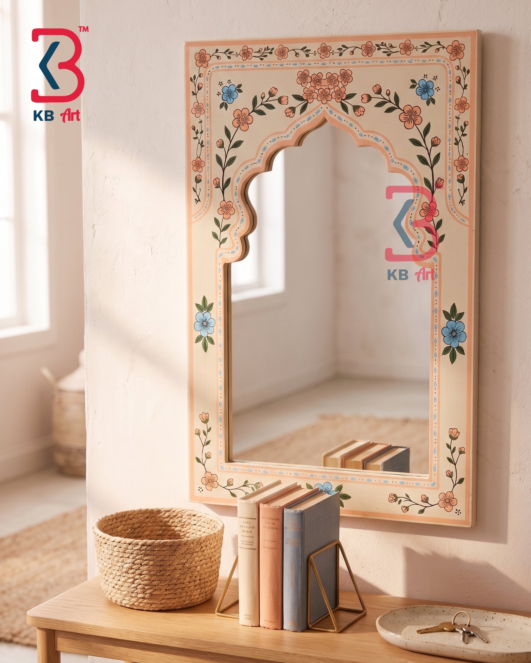 An ornate arched decorative wall mirror with a hand-painted floral frame in warm beige, orange, blue, and green tones, styled on a wooden console table in a sunlit room.